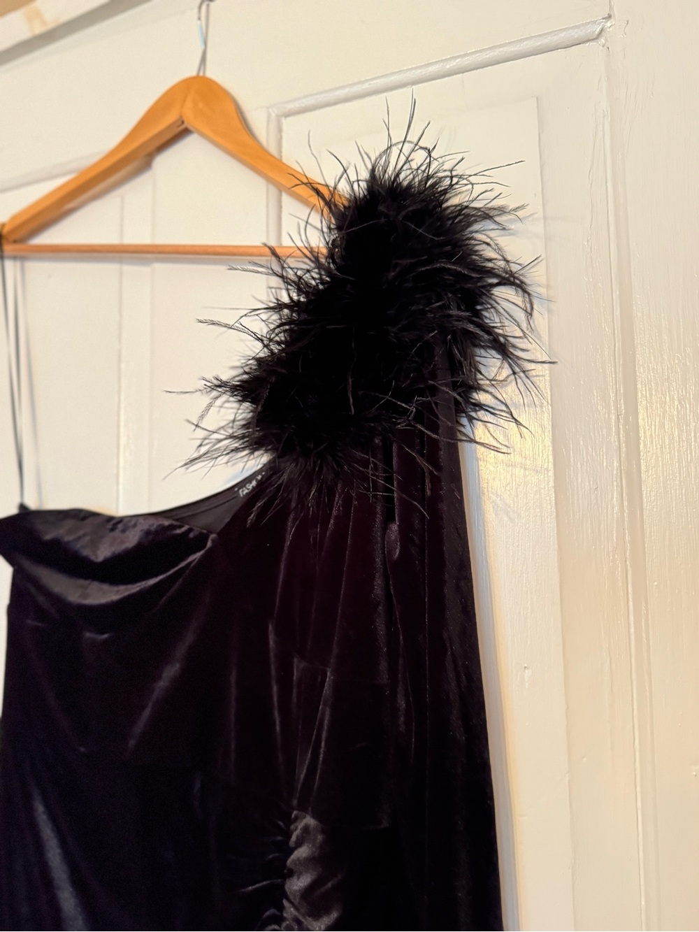 Fashion Nova Black One-Shoulder Velvet Gown with Feather Accent - Picture 6 of 9